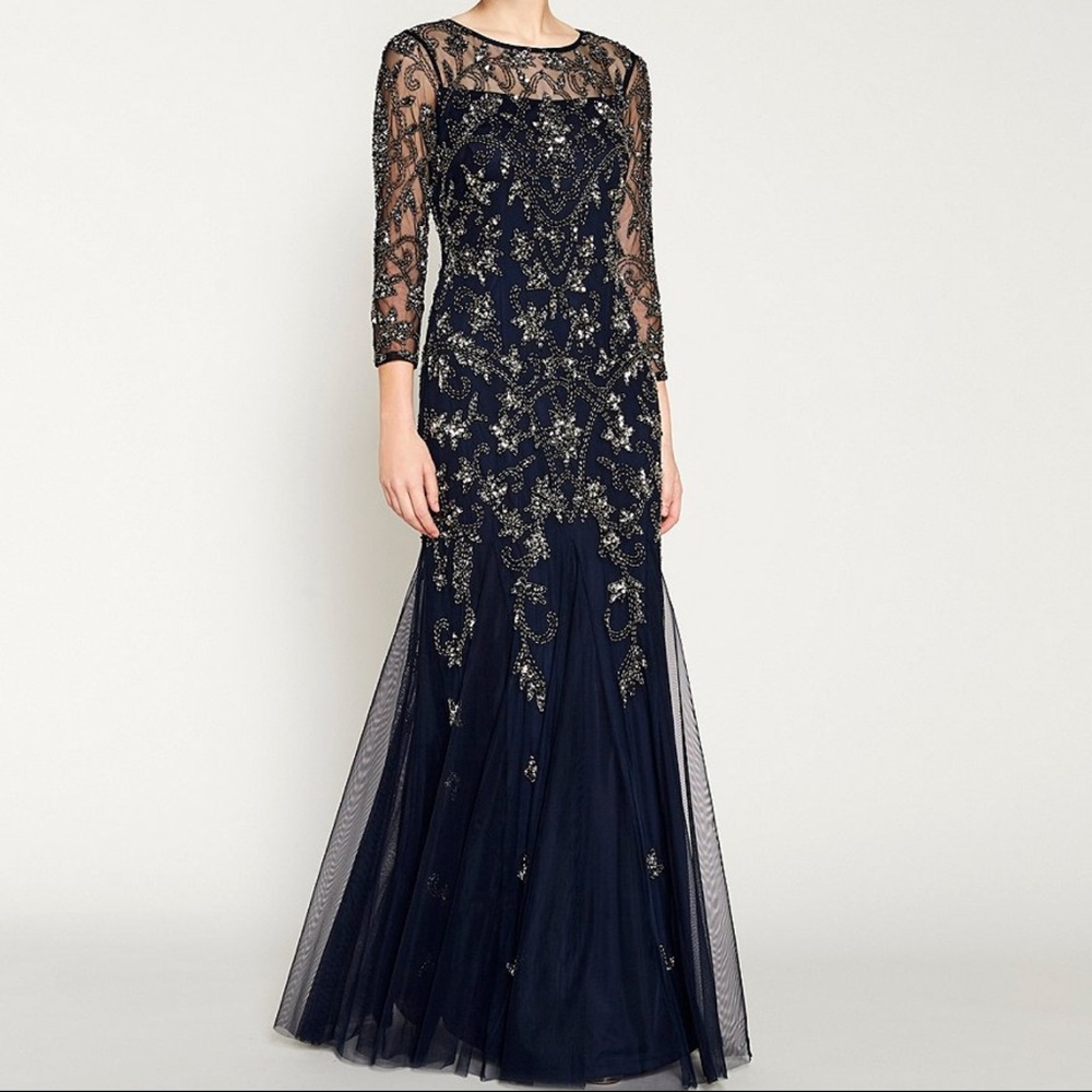 Adrianna Papell Navy Beaded Illusion 3/4 Sleeve Jewel Gown, Mother of the Bride